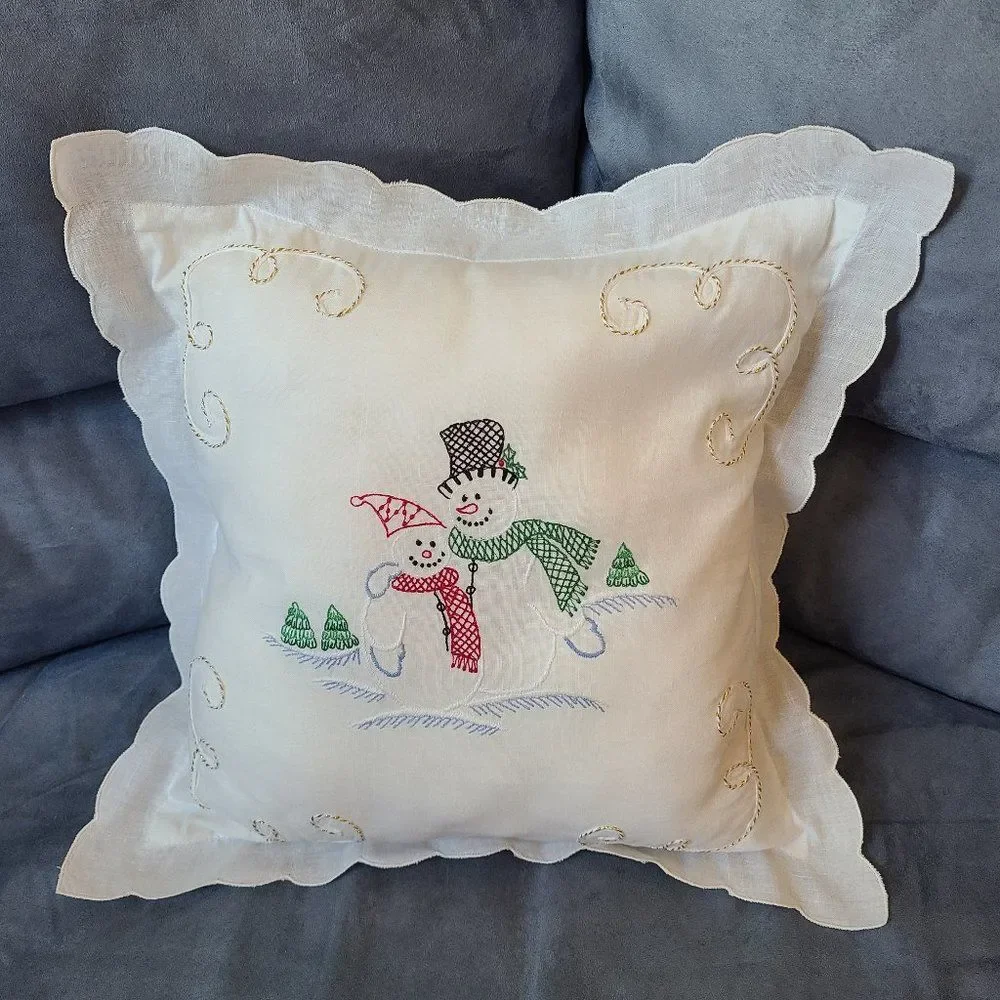 Christmas Snowmen Embroidered Throw Pillow Gold Cord Embellished Scalloped Trim